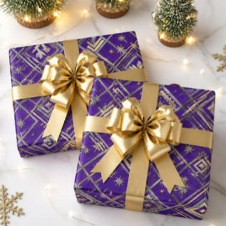 Papel De Presente Luxo Art Deco Roxo Natal Ouro e Prata