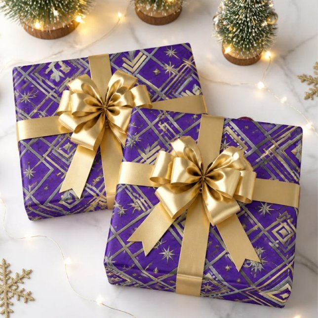 Papel De Presente Luxo Art Deco Roxo Natal Ouro e Prata (Criador carregado)