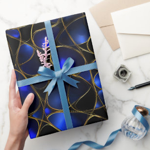 Papel De Presente Luxo Azul Safira Dourado Brilho Padrão Abstrato