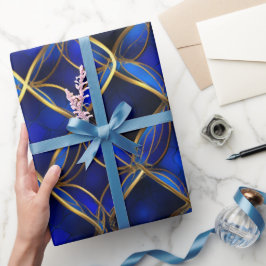 Papel De Presente Luxo Azul Safira Dourado Brilho Padrão Abstrato