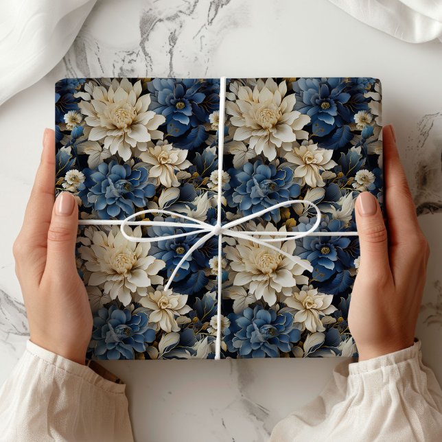 Papel De Presente Luxo Branco Marfim Floral Sofisticado Envoltório (Luxury Blue White Ivory Floral Stylish Wrapping Paper)