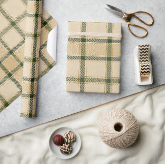 Papel De Presente Luxo Creme Xadrez Verde e Dourado| Elegante Neutro