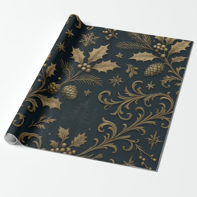 Papel De Presente Luxo Dourado & Natal Botânico Gildado Azul-Marinho (Desenrolado)
