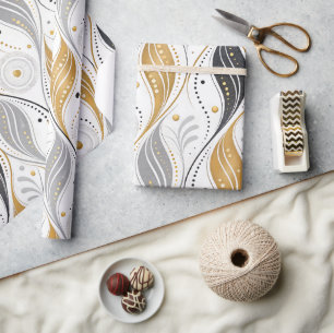 Papel De Presente Luxo Dourado Prata Preto Padrão Abstrato Art Déco