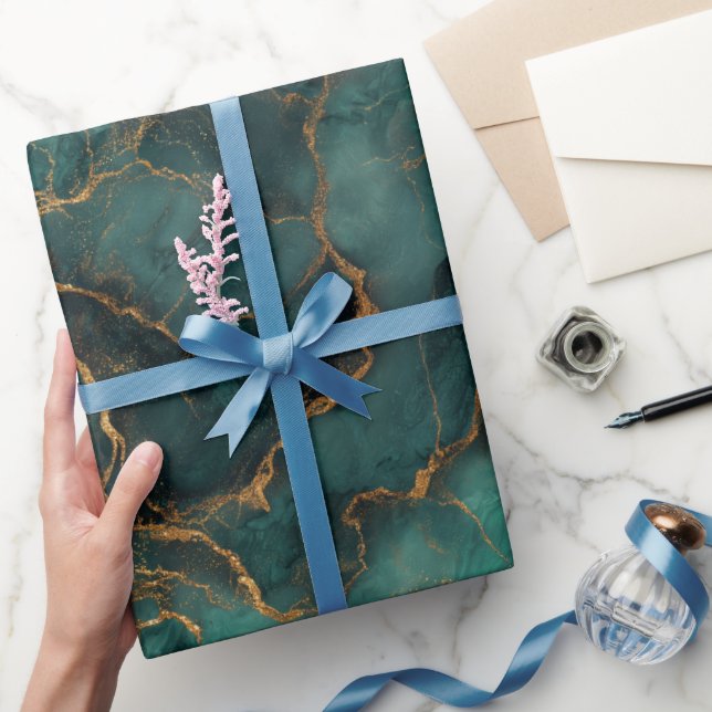 Papel De Presente Luxo Esmeralda Dourado Mármore Verde Padrão Abstra (Presentear)