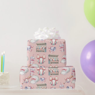 Papel De Presente Luxo Menina de Beisebol Aniversário Rosa Claro
