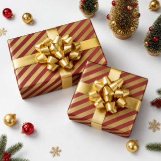 Papel De Presente Luxo Metalizado Dourado e Listra de Natal Carmesim