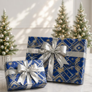 Papel De Presente Luxo Natal Azul Real Art Deco Dourado & Prata