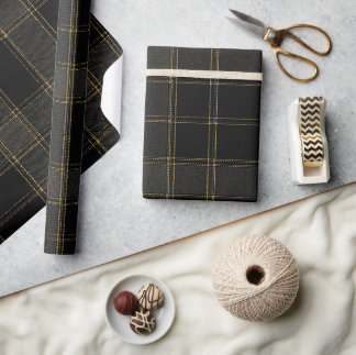 Papel De Presente Luxo Tartan Preto e Dourado | Xadrez Elegante