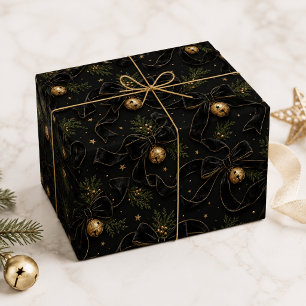 Papel De Presente Luxo Veludo Preto Laço Dourado Sino de Natal