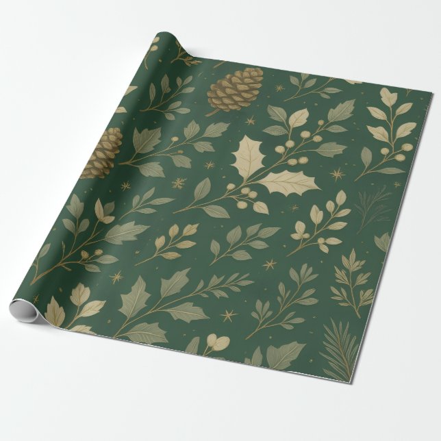Papel De Presente Luxo Verde & Floresta Dourada de Champagne Natal (Desenrolado)