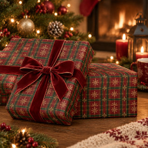 Papel De Presente Luxo Xadrez Vermelho e Verde com Flocos de Neve Do
