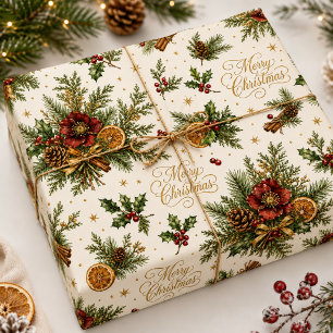 Papel De Presente Luxuoso Botânico Feliz Natal Rótulo Feriado
