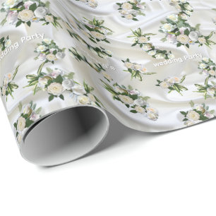 Papel De Presente Luxuoso, Branco, Seda Fluindo & Rosas Brancas.