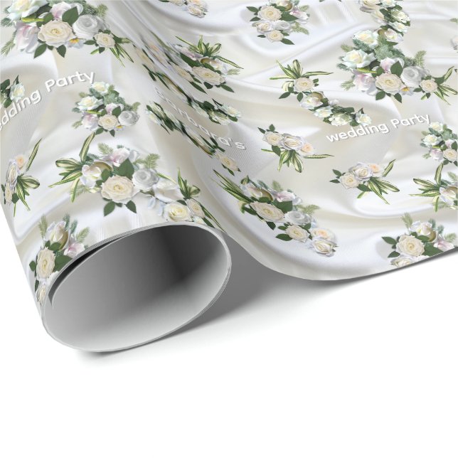 Papel De Presente Luxuoso, Branco, Seda Fluindo & Rosas Brancas. (Ponta do rolo)