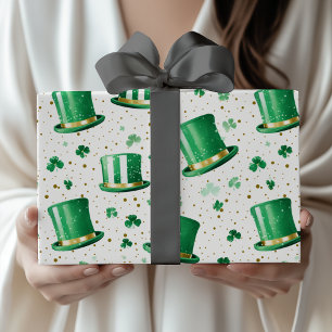 Papel De Presente Luxuoso Verde Dourado Chapéus e Trevos Branco
