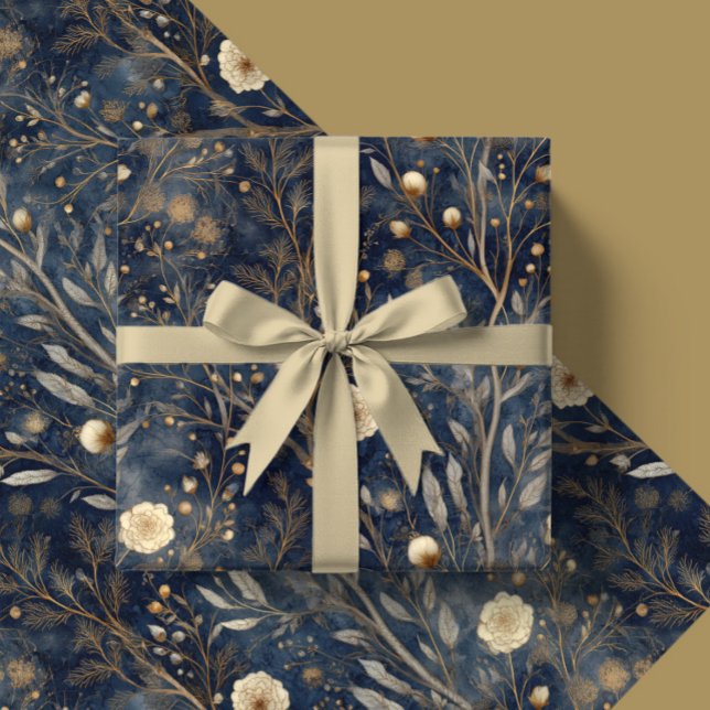 Papel De Presente Luxury Christmas Navy and Cream Floral Gift  (Criador carregado)