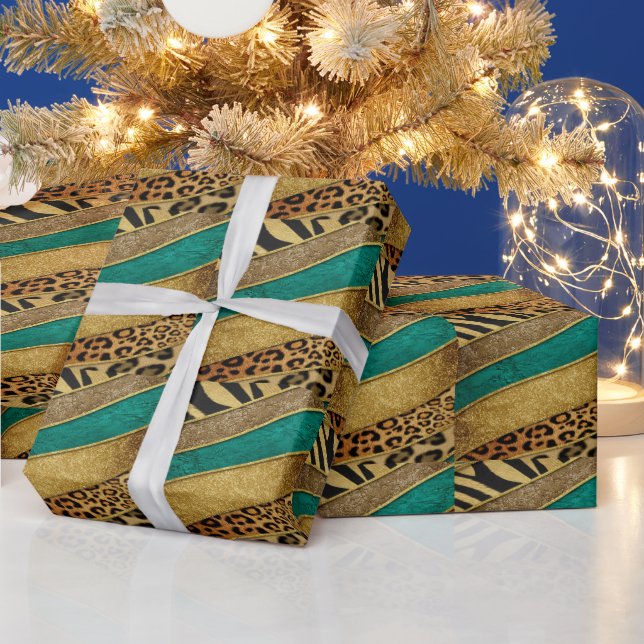 Papel De Presente Luxury Emerald & Gold Safari Leopard Zebra Glitter (Feriados)