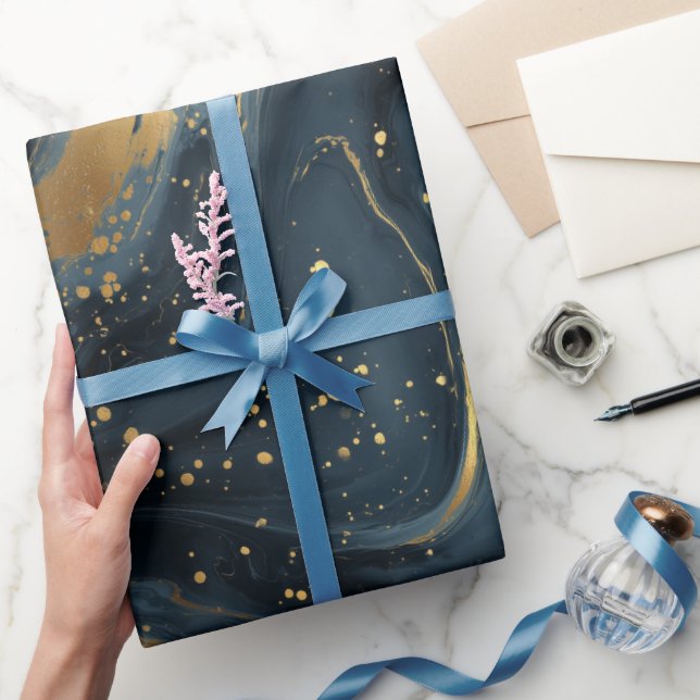 Papel De Presente Luxury Navy Gold Fluid Motion Abstract Pattern (Presentear)