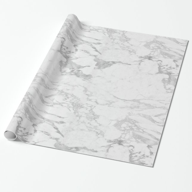 Papel De Presente Luxury Sparkle Silver Marble (Desenrolado)