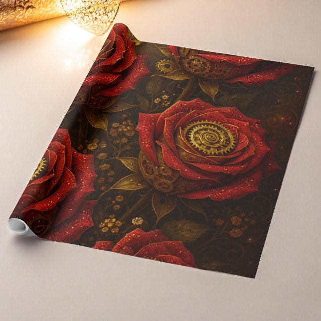 Papel De Presente Luxury Steampunk Roses Romantic Gold Gears (Criador carregado)