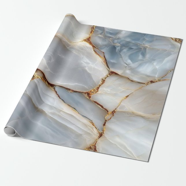 Papel De Presente Luxury White Blue Marble & Gold Veins Agate Stone  (Desenrolado)
