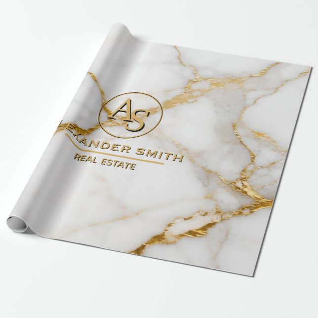 Papel De Presente Luxury White Marble Gold Monogram Real Estate  (Desenrolado)