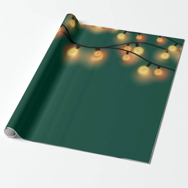 Papel De Presente Luzes de Corda Elegantes Verde Feriado (Desenrolado)
