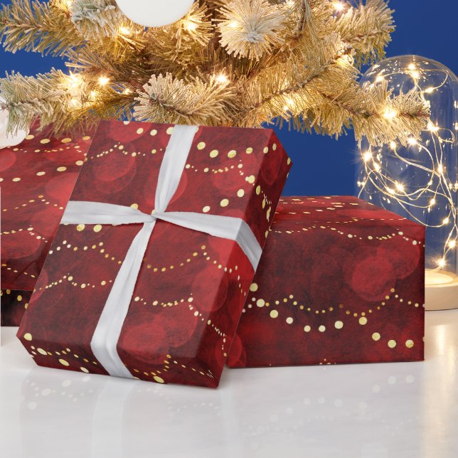 Papel De Presente Luzes de Fadas Vermelhas e Douradas Natal (Feriados)