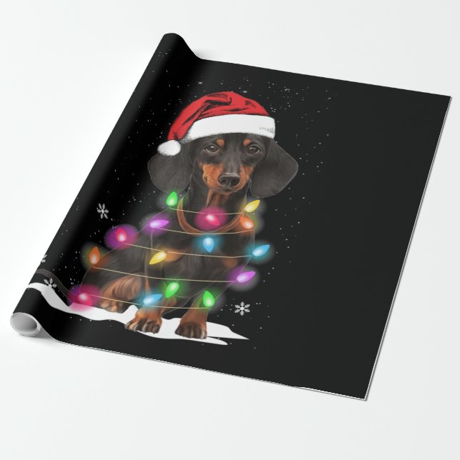 Papel De Presente Luzes De Natal Dachshund Com Neve (Desenrolado)
