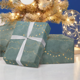 Papel De Presente Luzes de Natal Elegantes Douradas/Verde Água