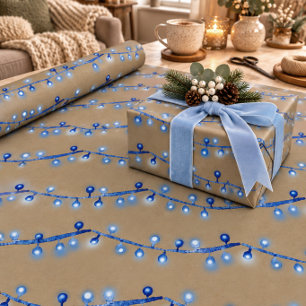 Papel De Presente Luzes de Natal em Corda Azul Brilhante Rustic Kraf