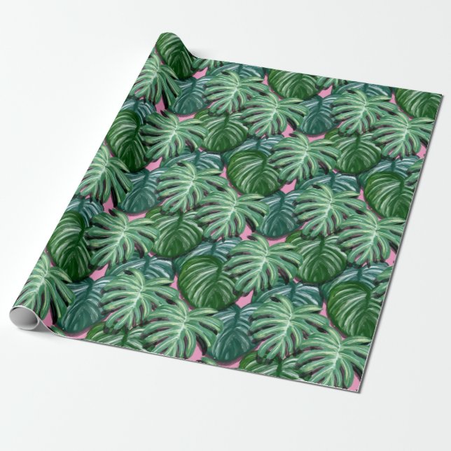 Papel De Presente Luzes tropicais verdes e rosa (Desenrolado)