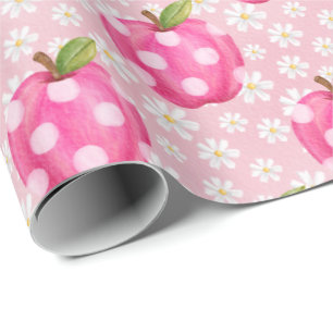 Papel De Presente Maçã com Bolinhas Rosa e Daisy Padrão Perfeito