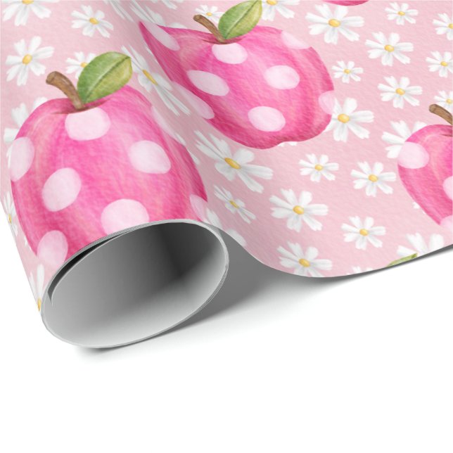 Papel De Presente Maçã com Bolinhas Rosa e Daisy Padrão Perfeito (Ponta do rolo)