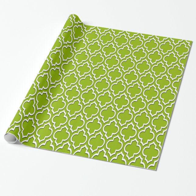 Papel De Presente Maçã Verde Branco XL Quatrefoil Marroquino #7DS (Desenrolado)