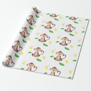 Papel De Presente Macaco com Banana - Padrão Amarelo - Verde