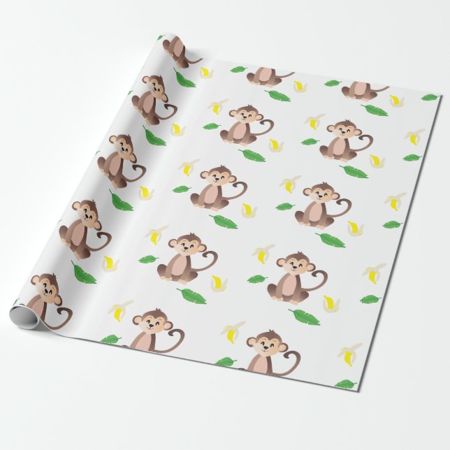 Papel De Presente Macaco com Banana - Padrão Amarelo - Verde (Desenrolado)