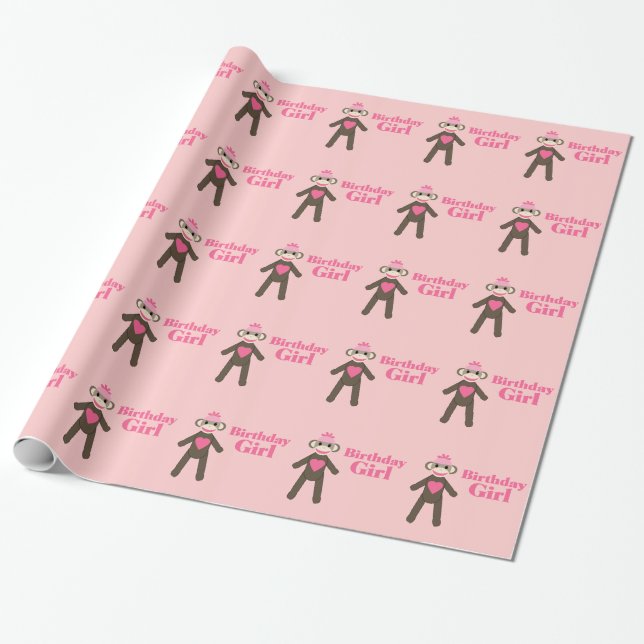 Papel De Presente Macaco da peúga da menina do aniversário com (Desenrolado)