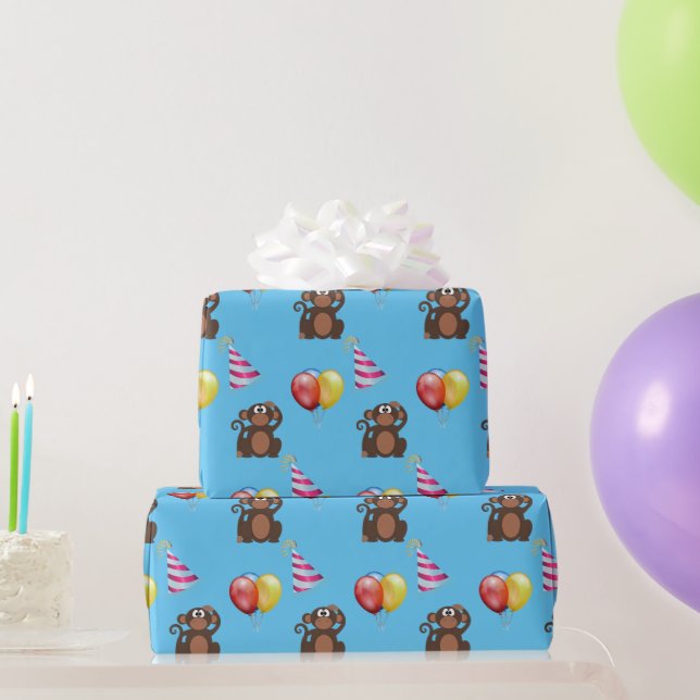 Papel De Presente Macaco de aniversário e Balões Crianças (Presentes para festas)