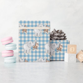 Papel De Presente Macaco e Elefante em Gingham