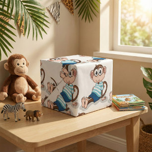 Papel De Presente Macaco Fofo de Camisa Listrada Azul e Shorts
