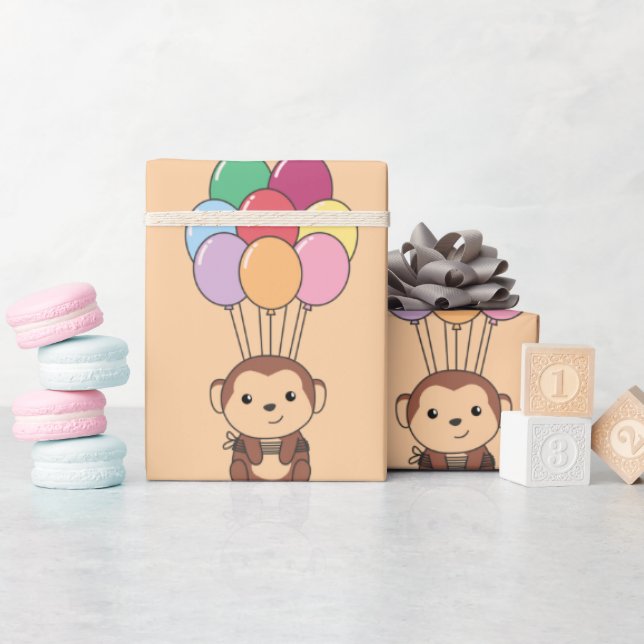 Papel De Presente Macaco Voa Com Balões Coloridos (Chá de bebê)