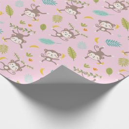 Papel De Presente Macacos Bons com bananas e folhas cor-de-rosa