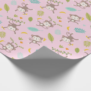 Papel De Presente Macacos Bons com bananas e folhas cor-de-rosa