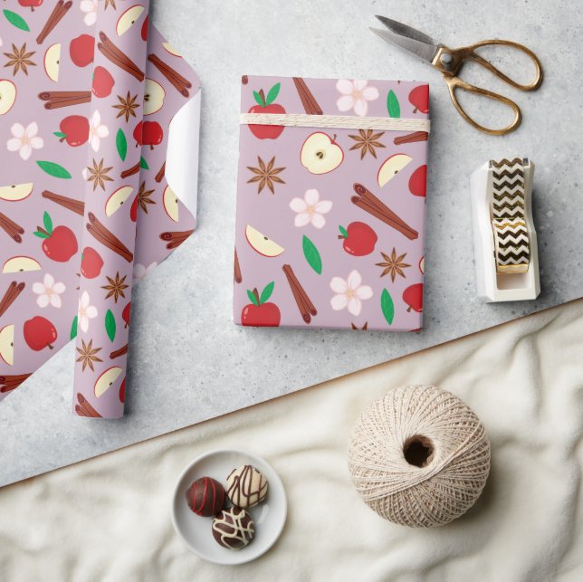 Papel De Presente Maçãs, Canela, Flores, Anis Estrelado Sem Costura (Artesanato)