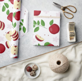Papel De Presente Maçãs Vermelhas, Blossomas e Padrão Verde