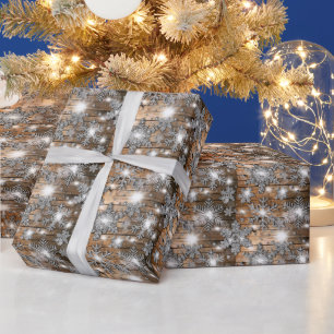 Papel De Presente Madeira de celeiro russa, flocos de neve de prata