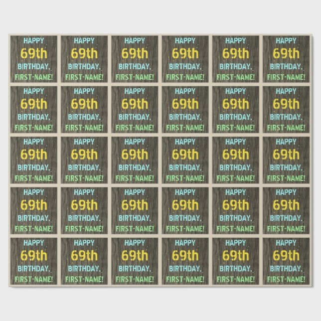 Papel De Presente Madeira Faux, Olhar Texto Pintado, 69 Aniversário  (Aberto)