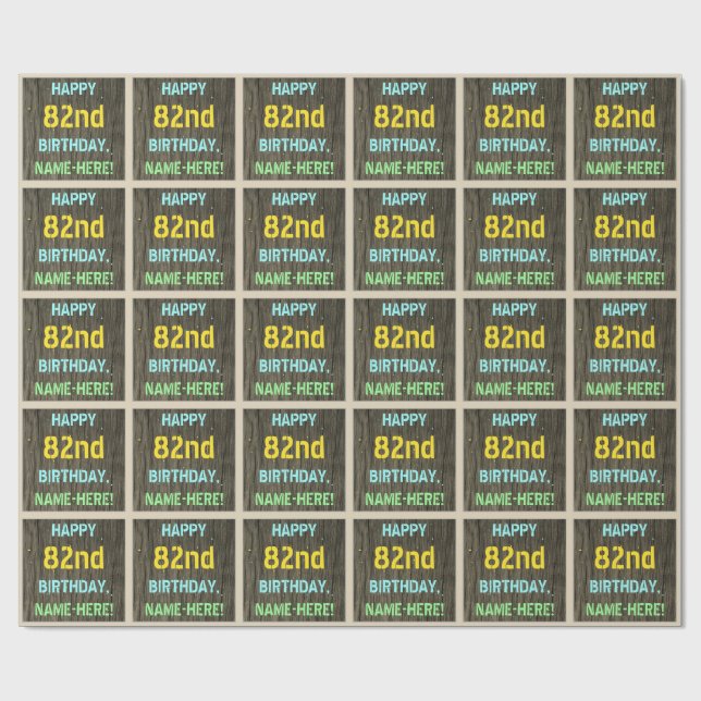Papel De Presente Madeira Faux, Olhar Texto Pintado, 82º Aniversário (Aberto)